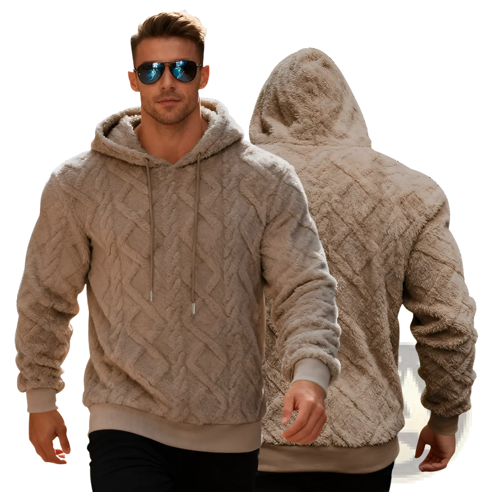 Men’s beige textured knit hoodie with cozy fleece lined interior and matching drawstrings for warmth and comfort
