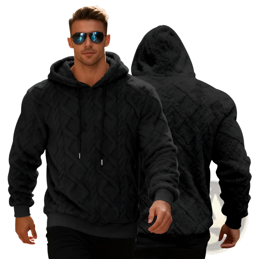 Men’s black textured knit hoodie with plush fleece lining and ribbed cuffs for warmth and comfort
