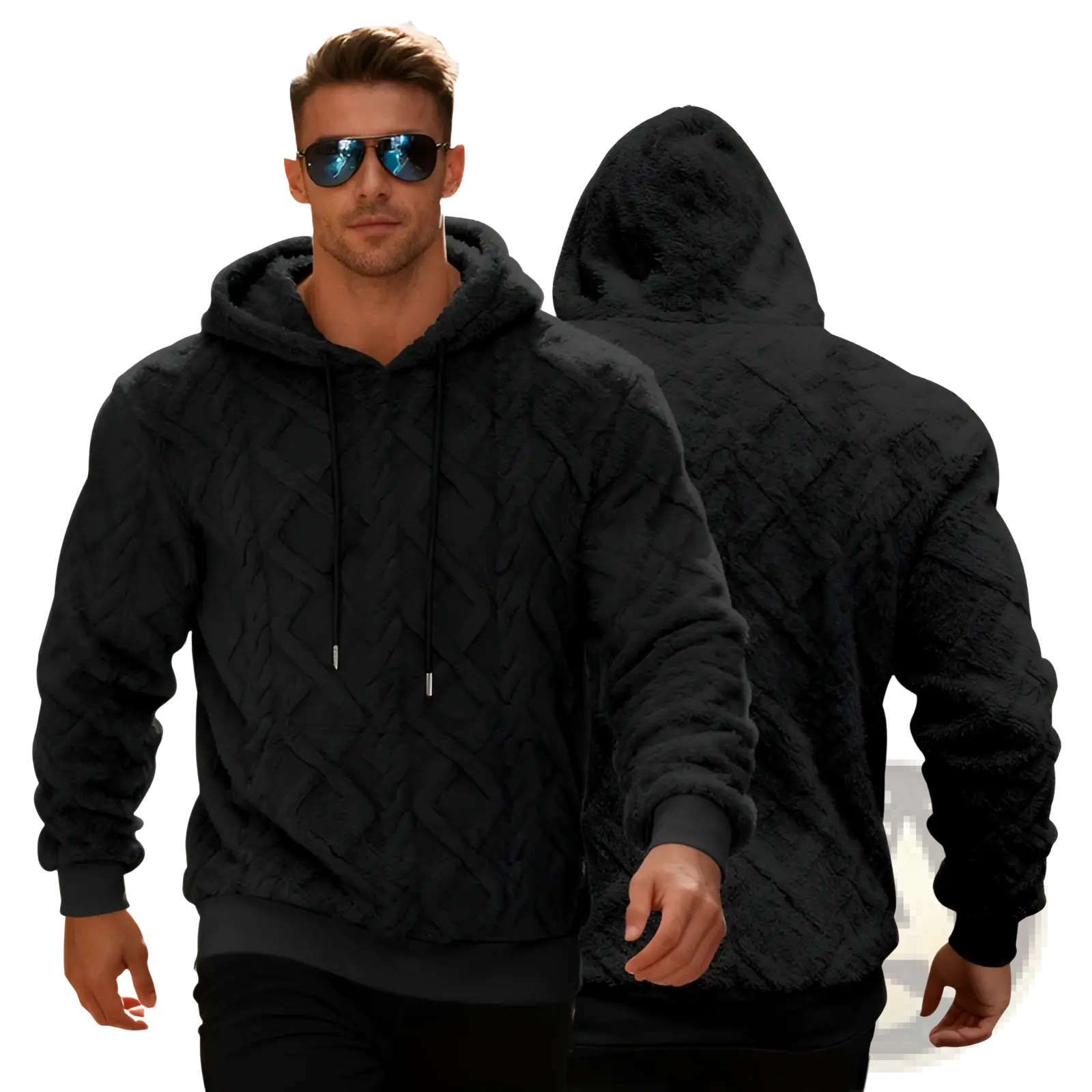 Men’s black textured knit hoodie with plush fleece lining and ribbed cuffs for warmth and comfort