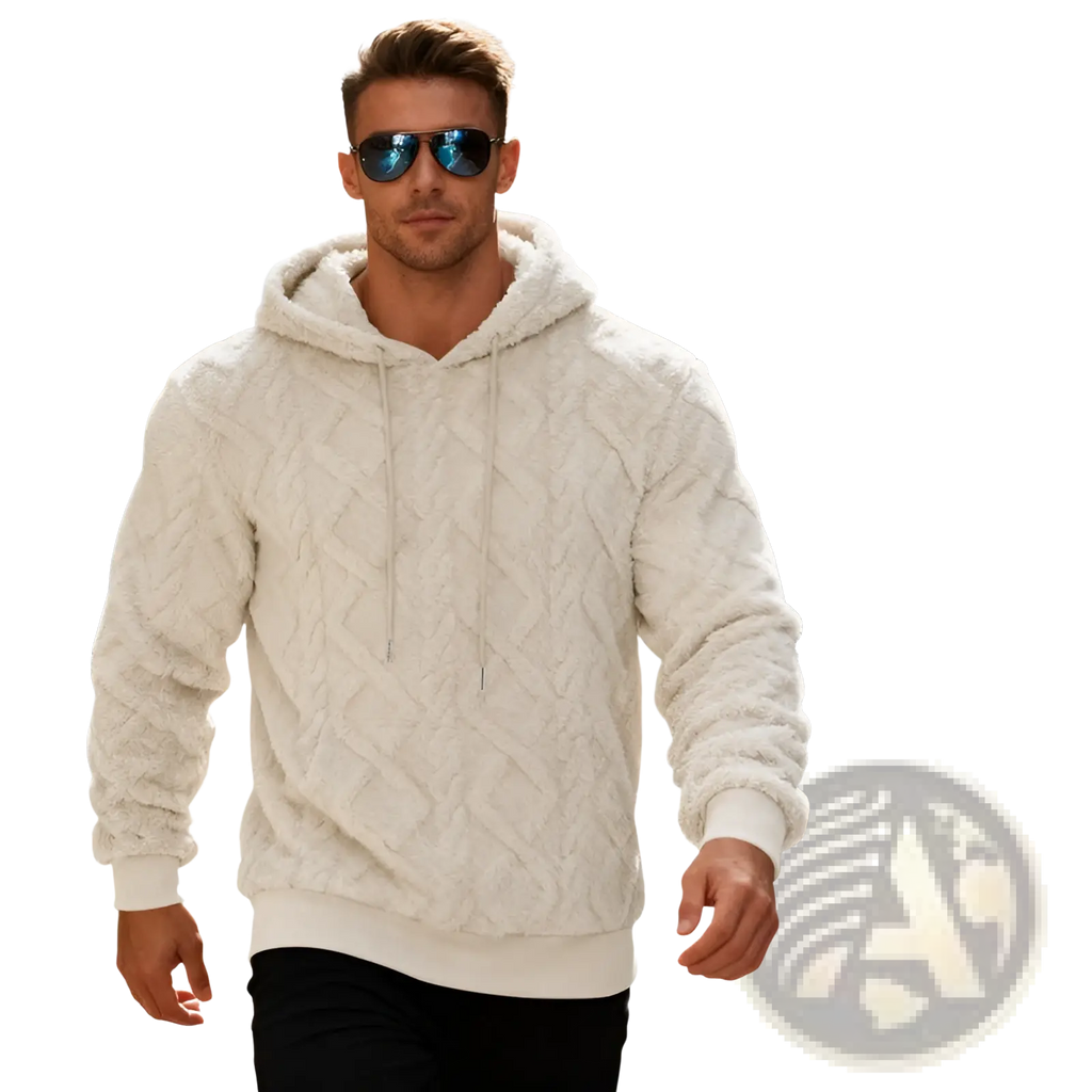 Men’s cream-colored textured knit hoodie with cozy fleece-lined hood and ribbed cuffs for warmth and comfort