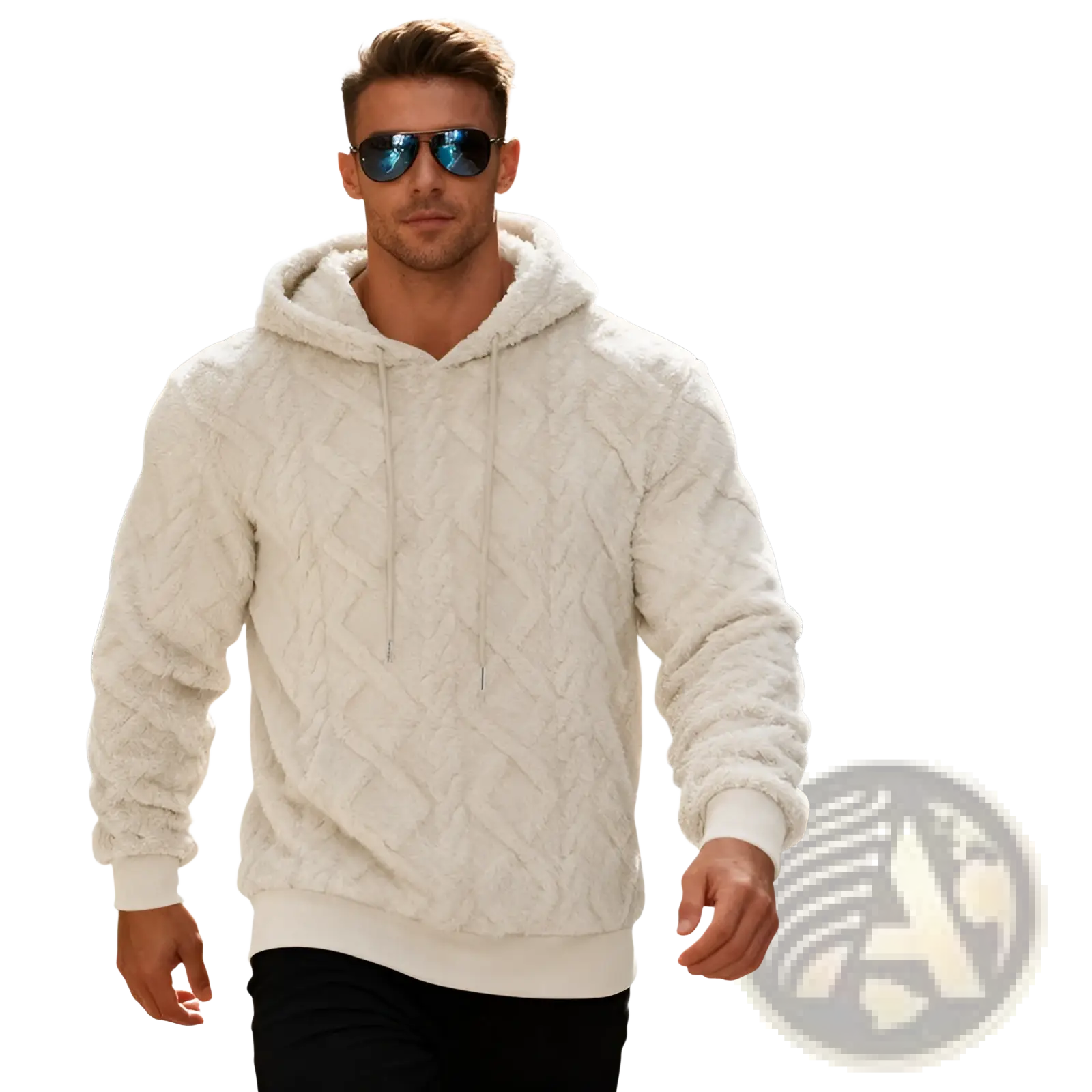 Men’s cream-colored textured knit hoodie with cozy fleece-lined hood and ribbed cuffs for warmth and comfort