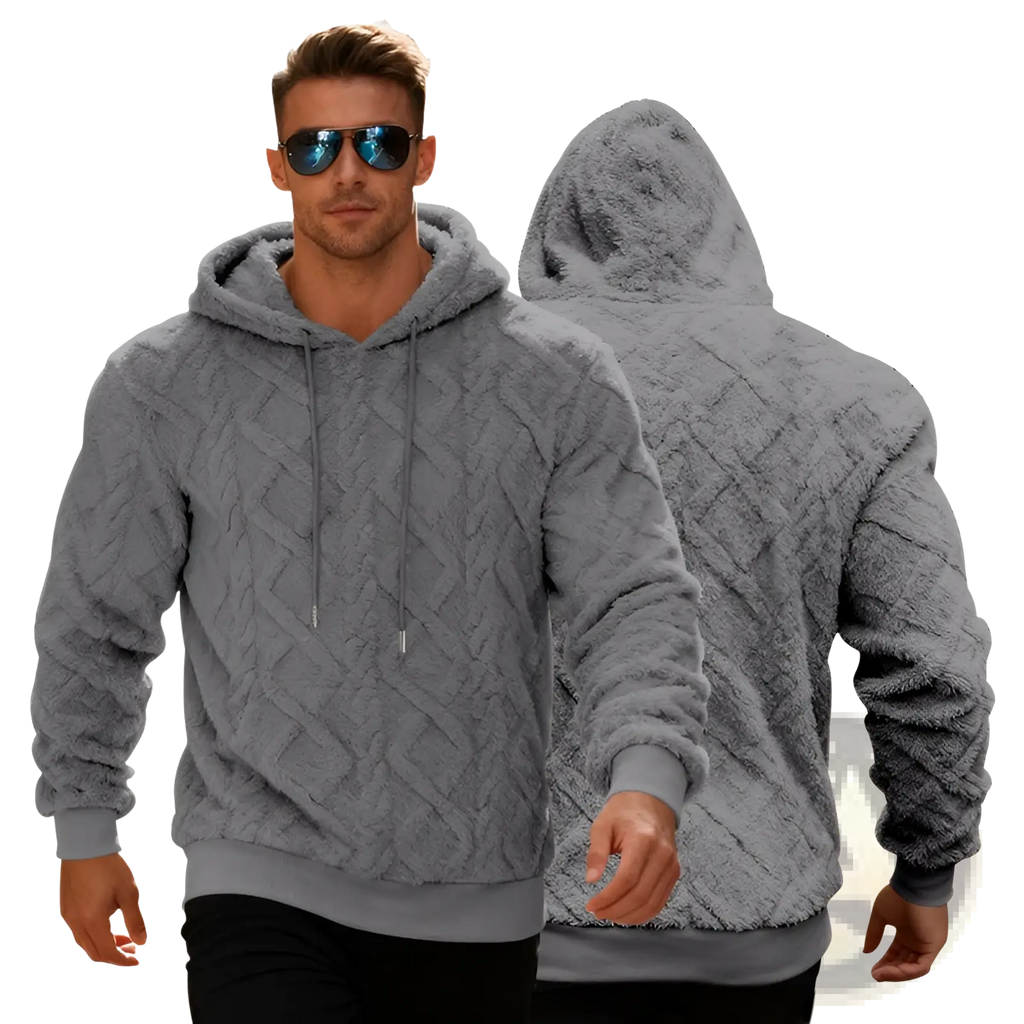 Men’s gray textured knit hoodie with cozy fleece lined interior and matching drawstrings for warmth and comfort