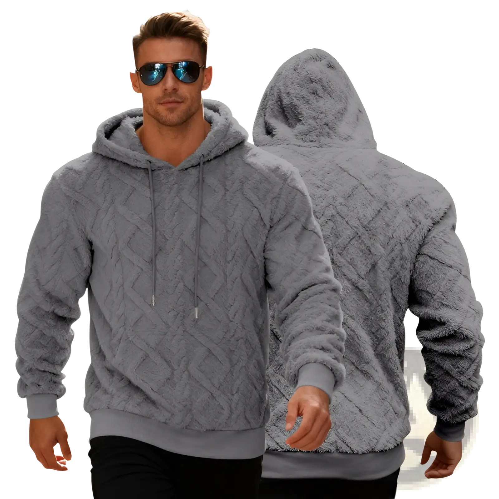 Men’s gray textured knit hoodie with cozy fleece lined interior and matching drawstrings for warmth and comfort