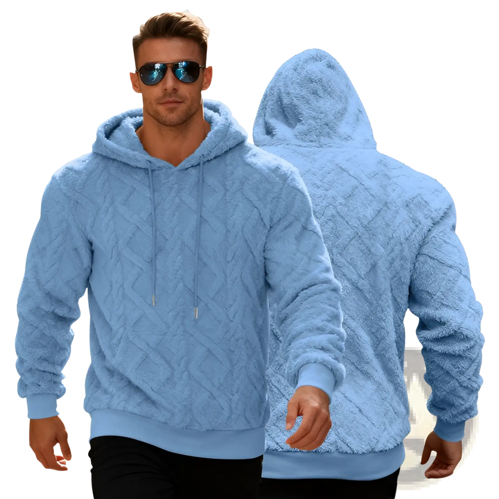Men’s light blue textured cable-knit fleece lined knit hoodie with matching hood and drawstrings for warmth and style