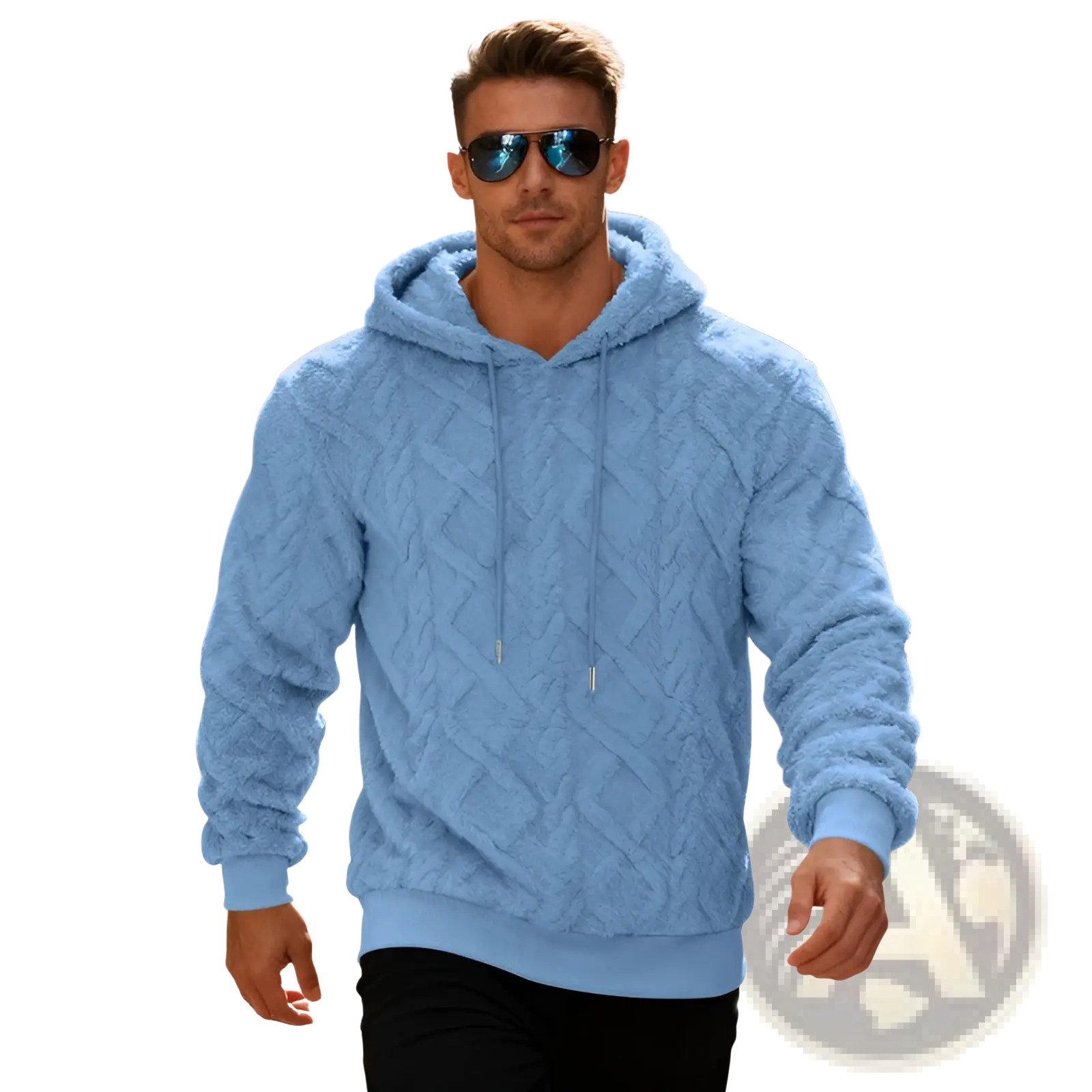 Men’s light blue textured fleece lined knit hoodie with cozy fuzzy finish and matching drawstrings
