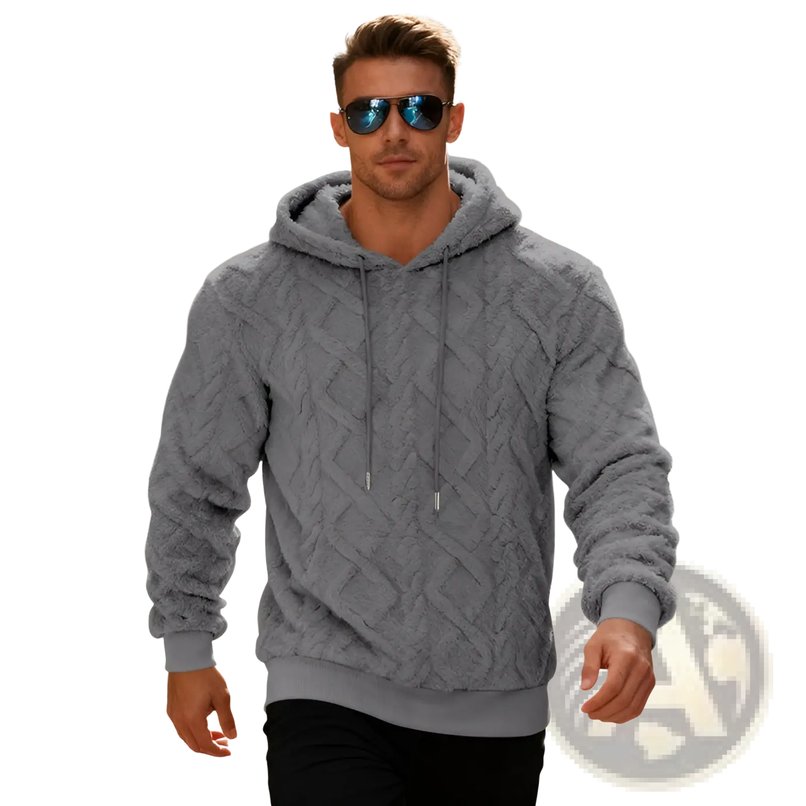 Men’s gray cable-knit hoodie with plush textured fleece lining and ribbed cuffs and hem for added comfort