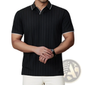 Men’s black textured ice silk polo shirt with white contrast trim on collar and sleeve cuffs