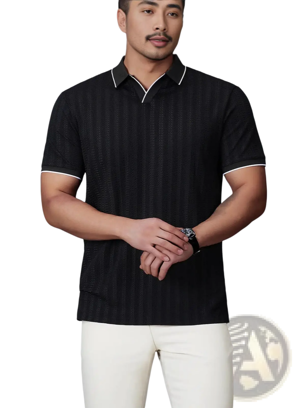 Men’s black textured ice silk polo shirt with white contrast trim on collar and short sleeve cuffs