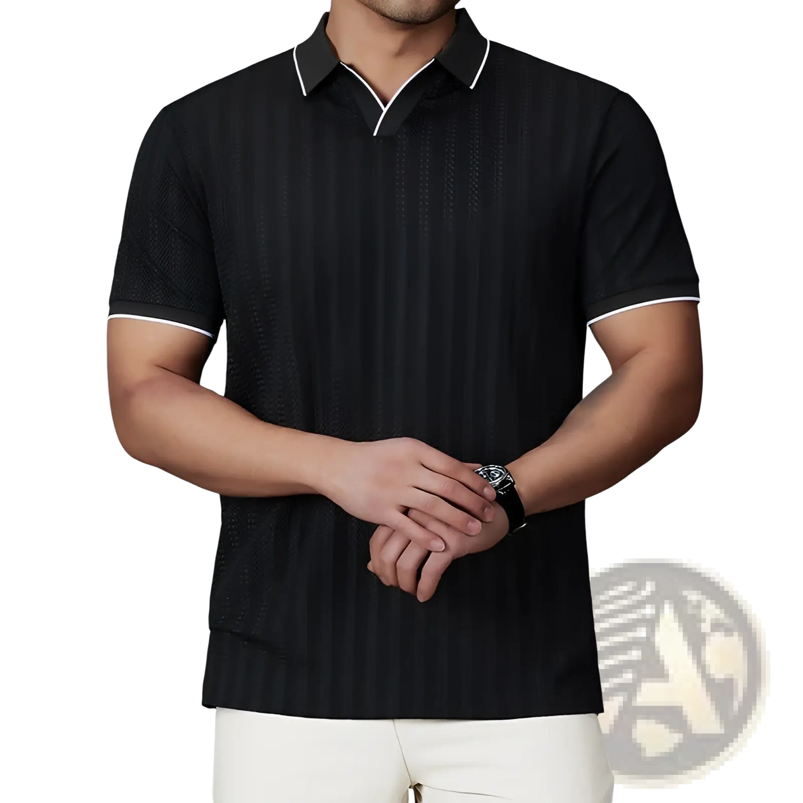 Men’s black textured ice silk polo shirt with white contrast trim on collar and sleeve cuffs