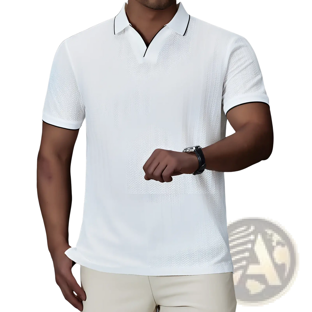 Men’s textured ice silk polo shirt in white with black contrast trim on collar and sleeve cuffs