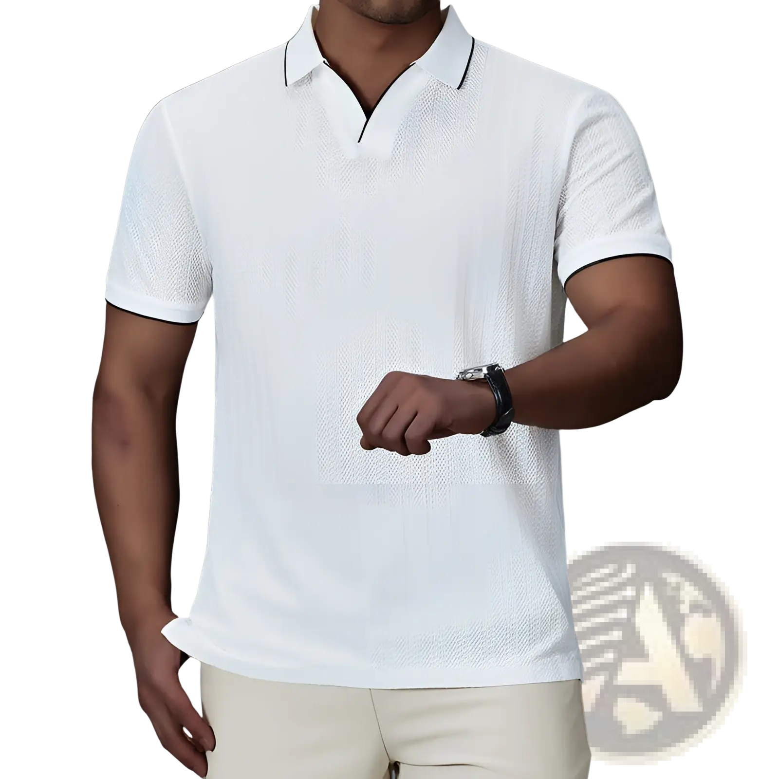 Men’s textured ice silk polo shirt in white with black contrast trim on collar and sleeve cuffs