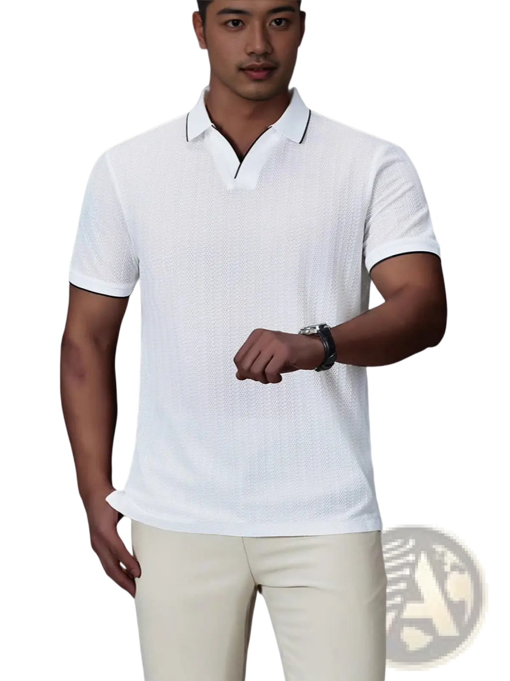 Men’s textured ice silk white polo shirt with black trim on collar and sleeve cuffs short sleeves