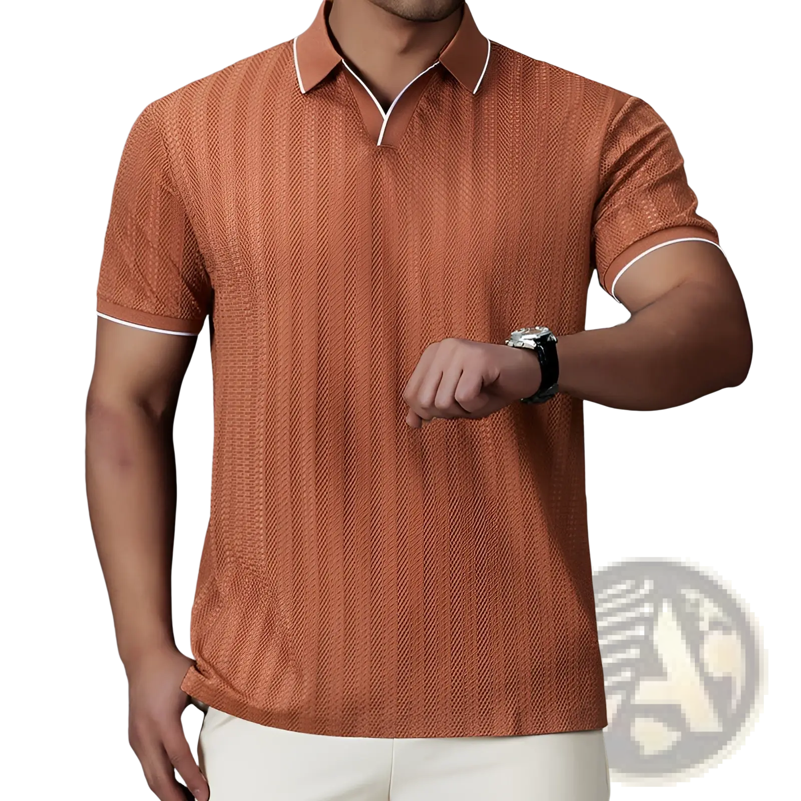 A man wearing a rust-colored men’s textured ice silk polo shirt with white contrast trim on collar and sleeve cuffs
