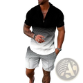 Men’s textured polo with black and white stripes and subtle geometric pattern in short-sleeved summer set