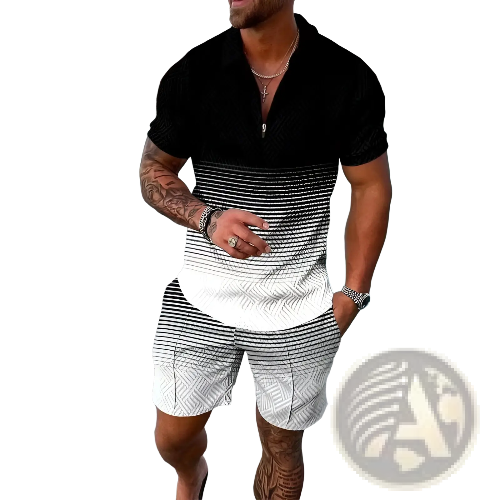 Men’s textured polo with black and white stripes and subtle geometric pattern in short-sleeved summer set