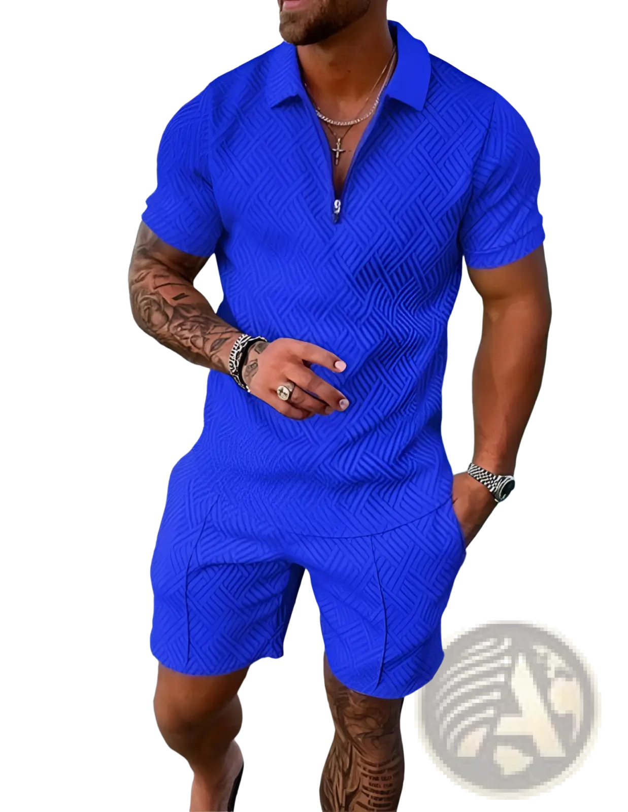 Men’s vibrant royal blue short-sleeved polo and shorts set with subtle herringbone texture for summer wear