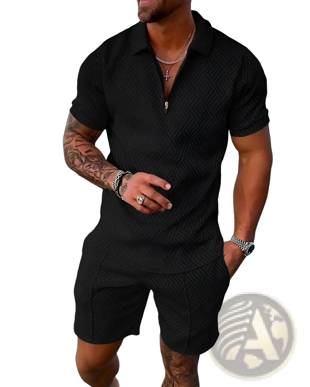 Men’s black textured polo shirt with subtle herringbone pattern in a coordinated summer set for casual wear