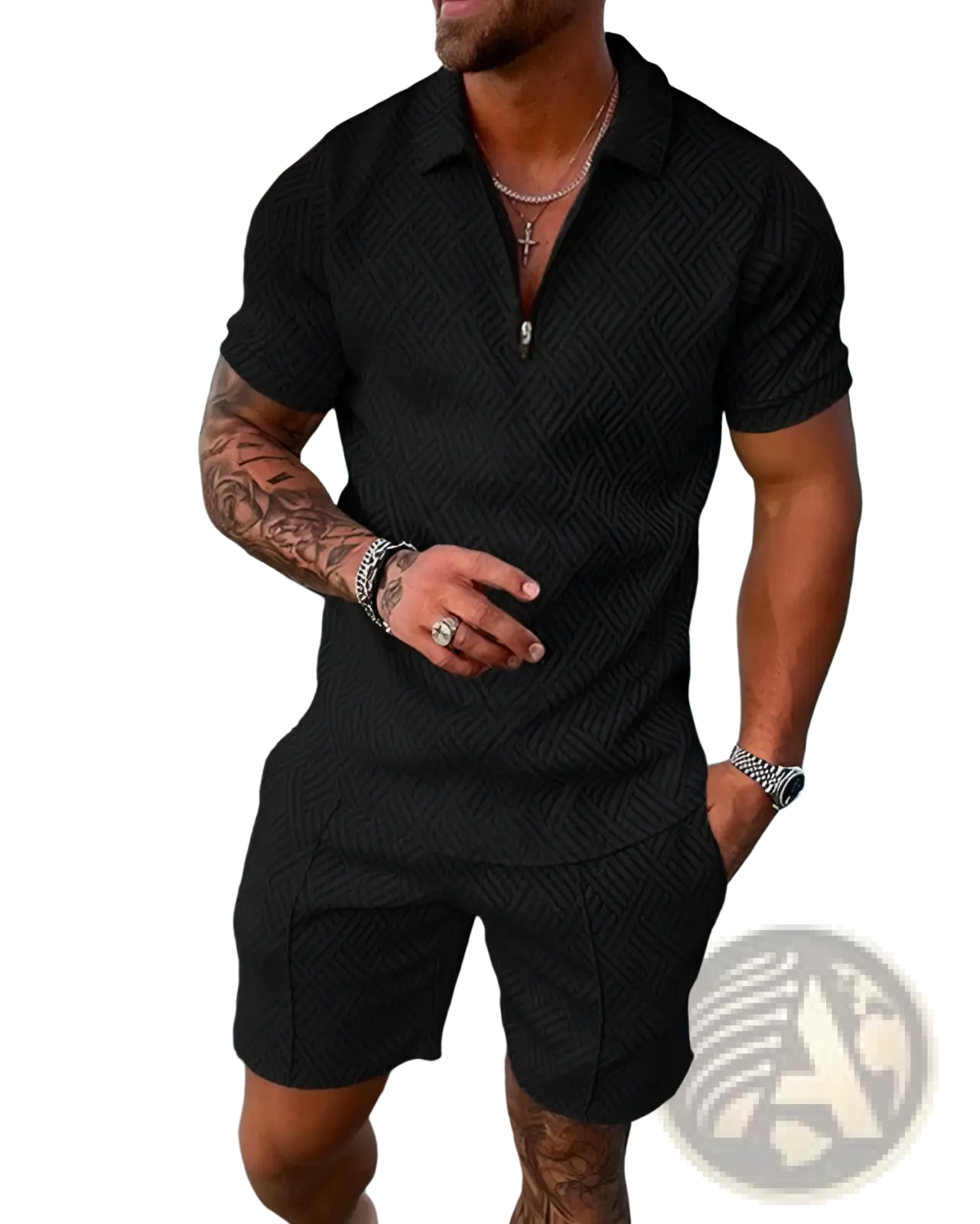 Men’s black textured polo shirt with subtle herringbone pattern in a coordinated summer set for casual wear