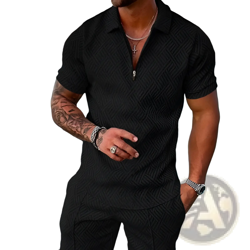 Black men’s textured short-sleeve polo shirt with subtle herringbone pattern and zipper placket for summer wear
