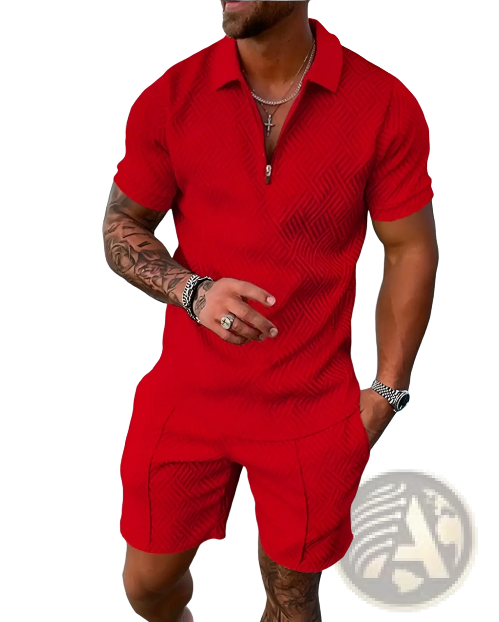 Men’s vibrant red textured short-sleeved polo shirt with zipper collar detail in coordinated summer set