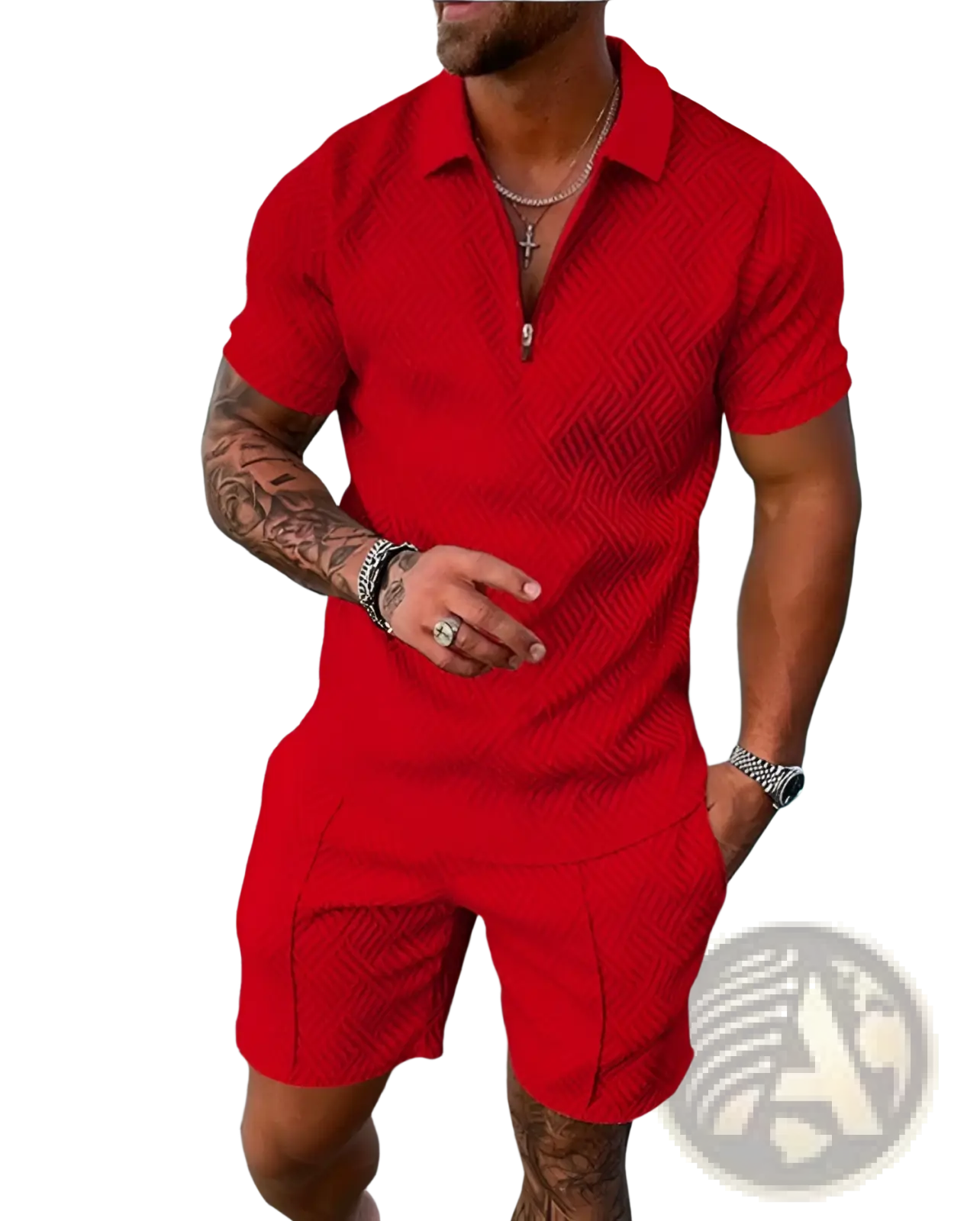 Men’s vibrant red textured short-sleeved polo shirt with zipper collar detail in coordinated summer set