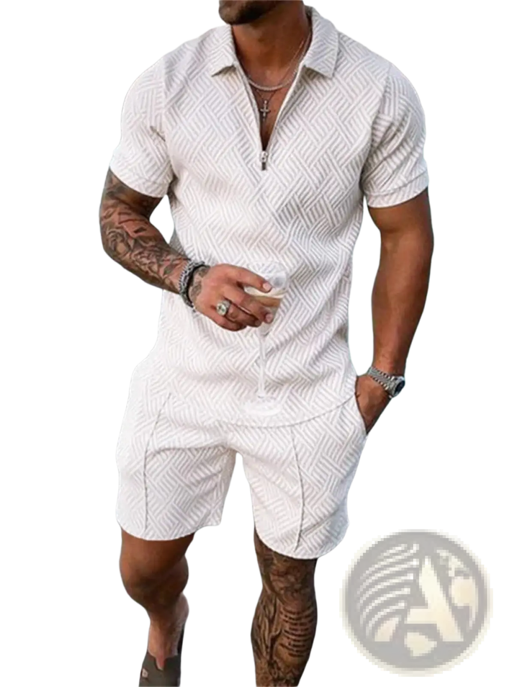 Men’s white textured polo shirt with subtle geometric pattern and matching shorts coordinated summer set front view