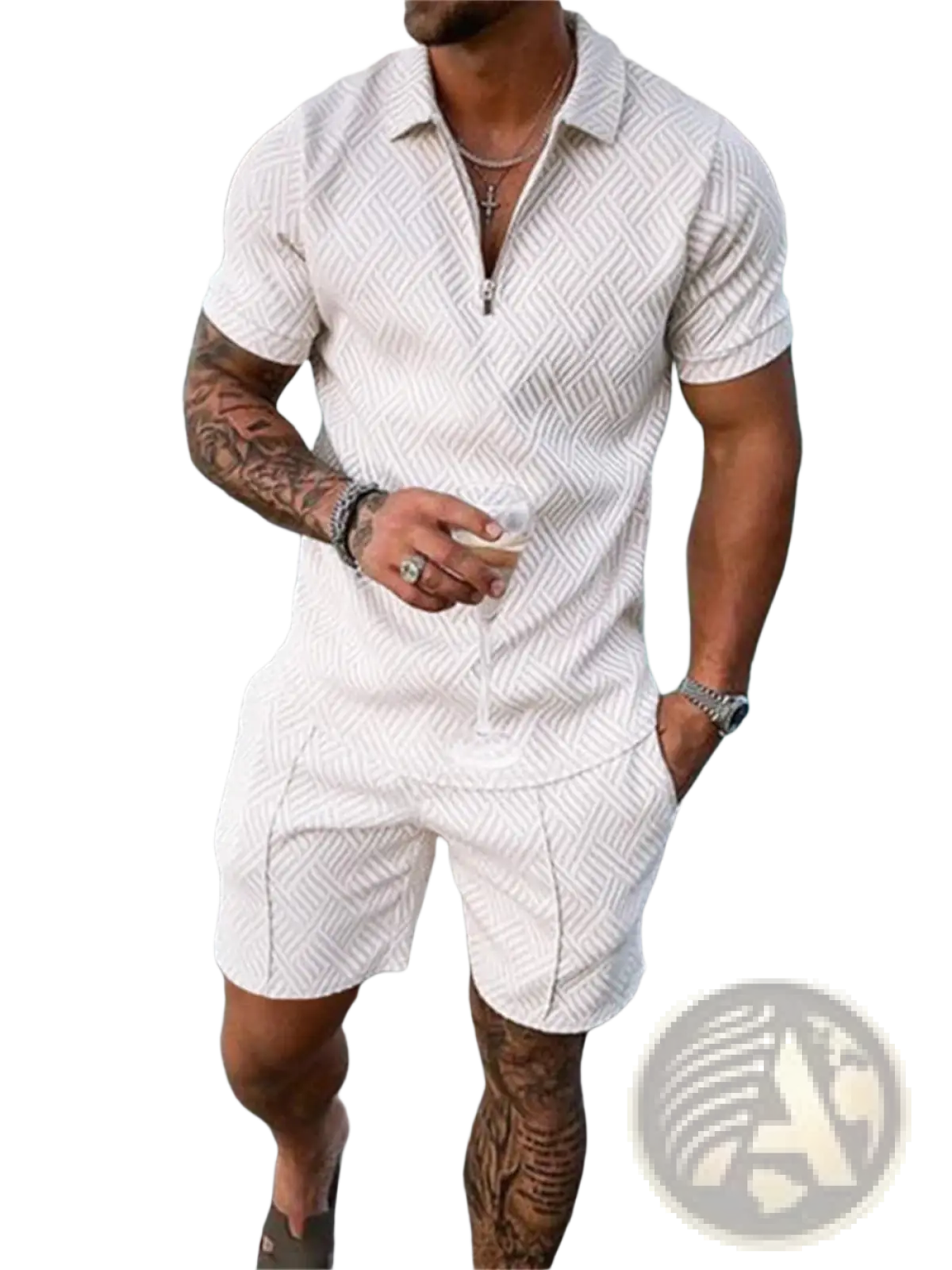 Men’s white textured polo shirt with subtle geometric pattern and matching shorts coordinated summer set front view