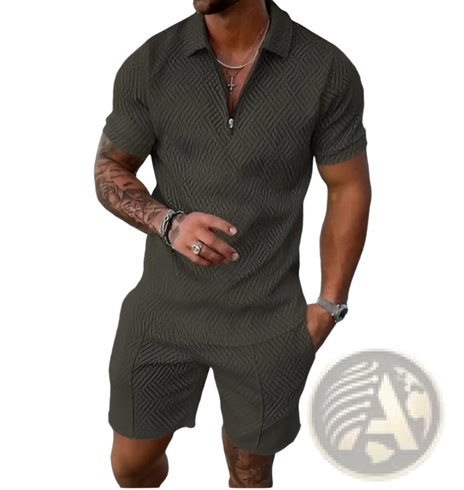 Men’s olive green textured polo shirt and shorts coordinated summer set for casual warm weather wear