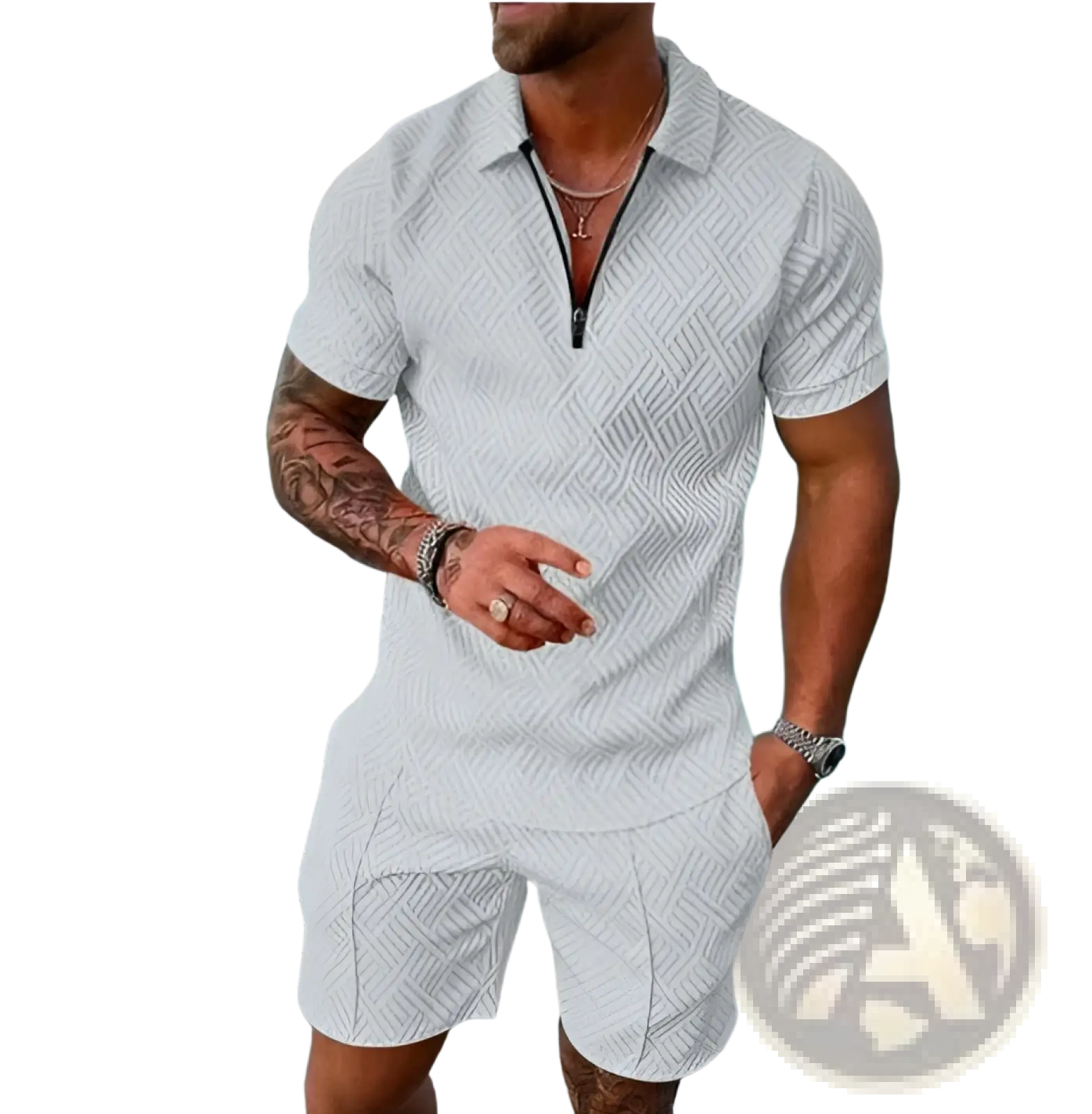 Men’s white short-sleeved textured polo shirt with subtle geometric pattern and zipper detail for summer wear