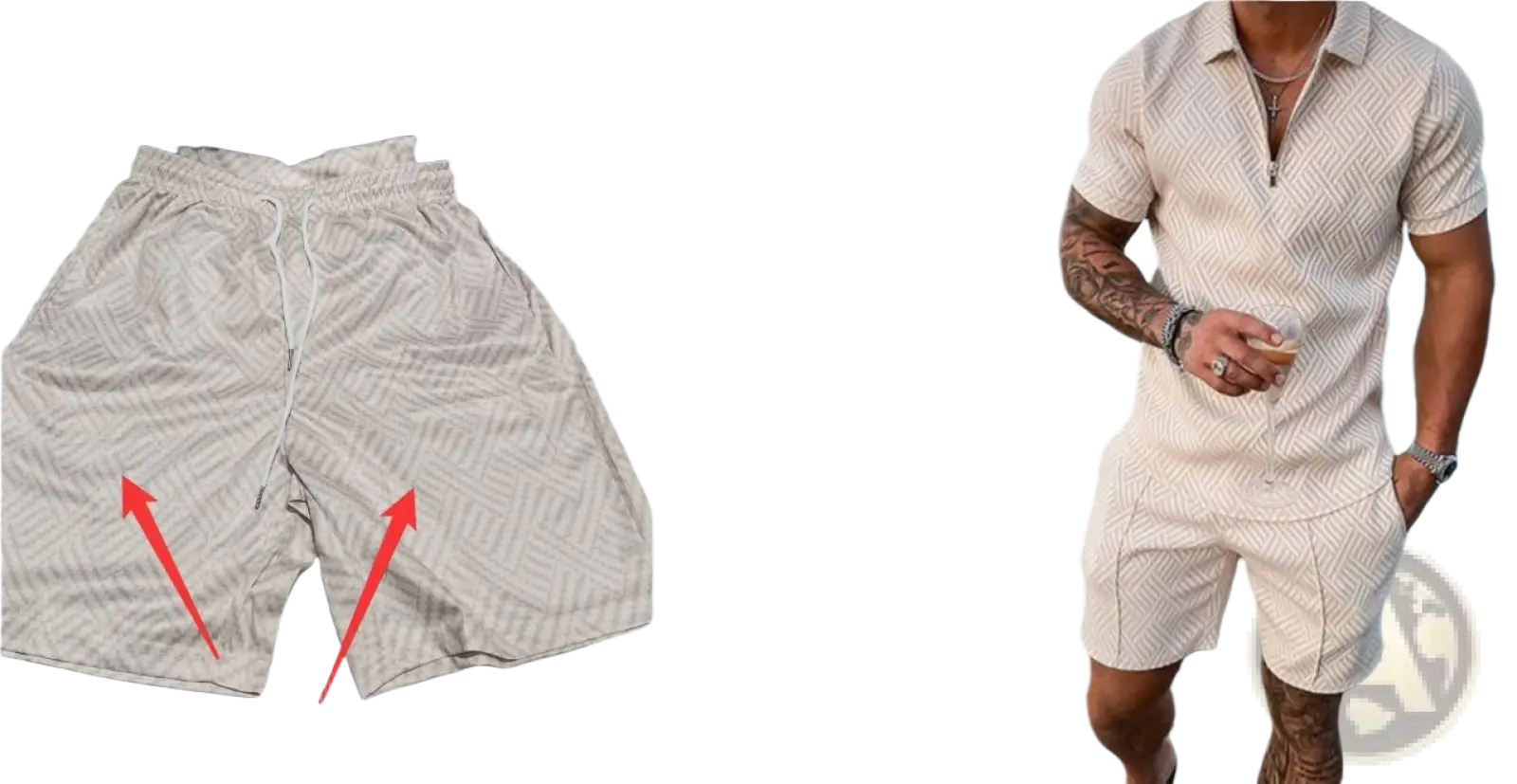 Beige patterned shorts with a drawstring waistband and subtle geometric design from men’s textured polo and shorts summer set