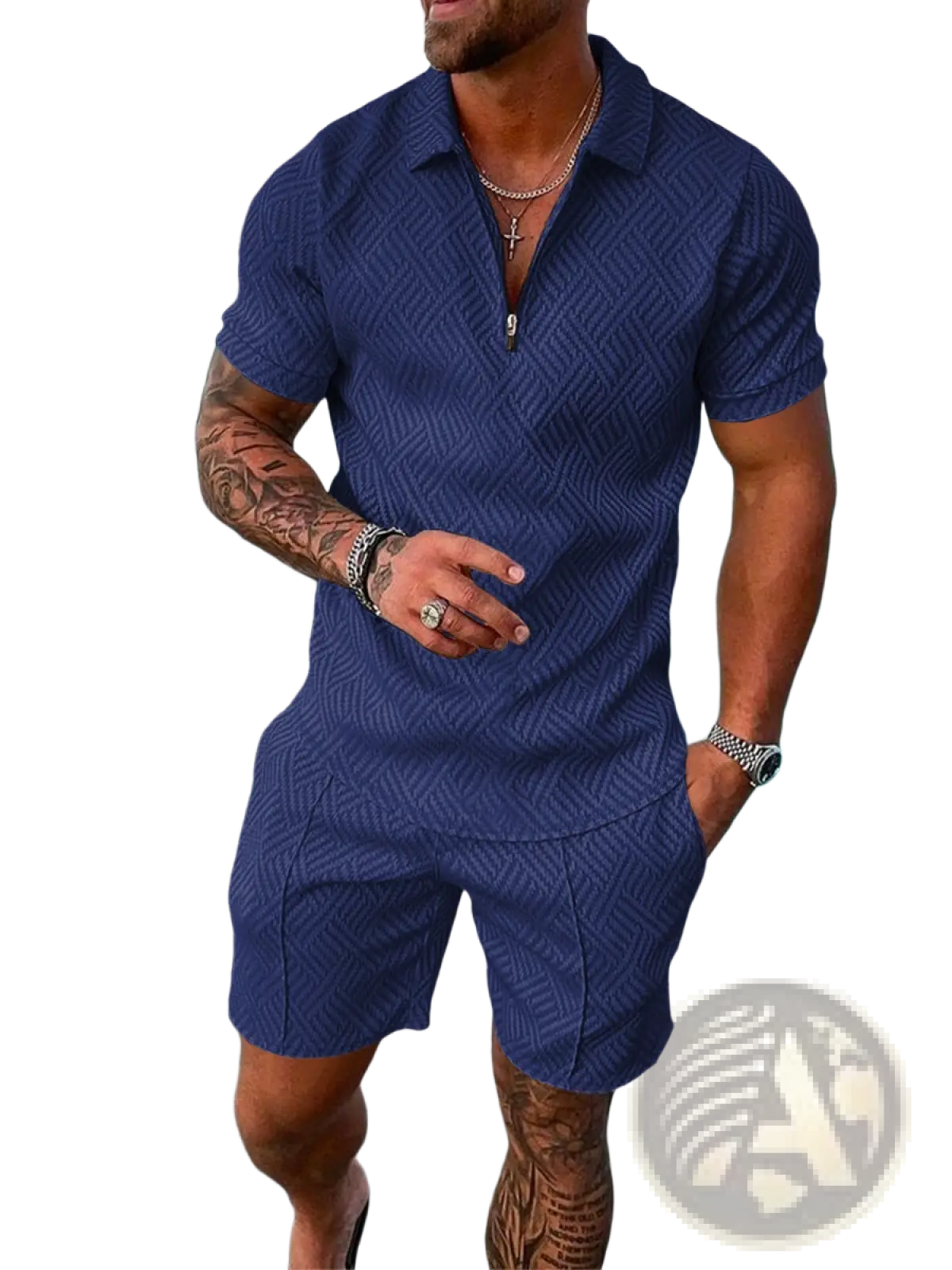 Navy blue textured short-sleeved polo shirt with matching shorts set for summer casual wear