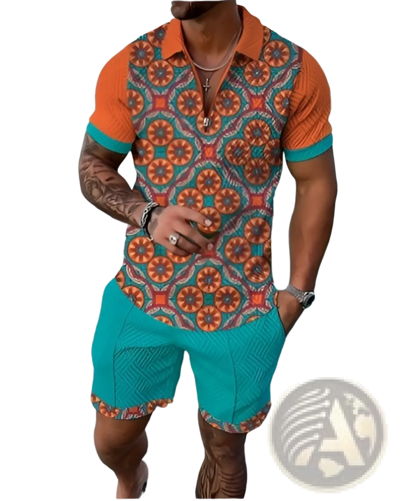 Men’s textured polo shirt with vibrant orange and teal geometric medallion pattern for coordinated summer set