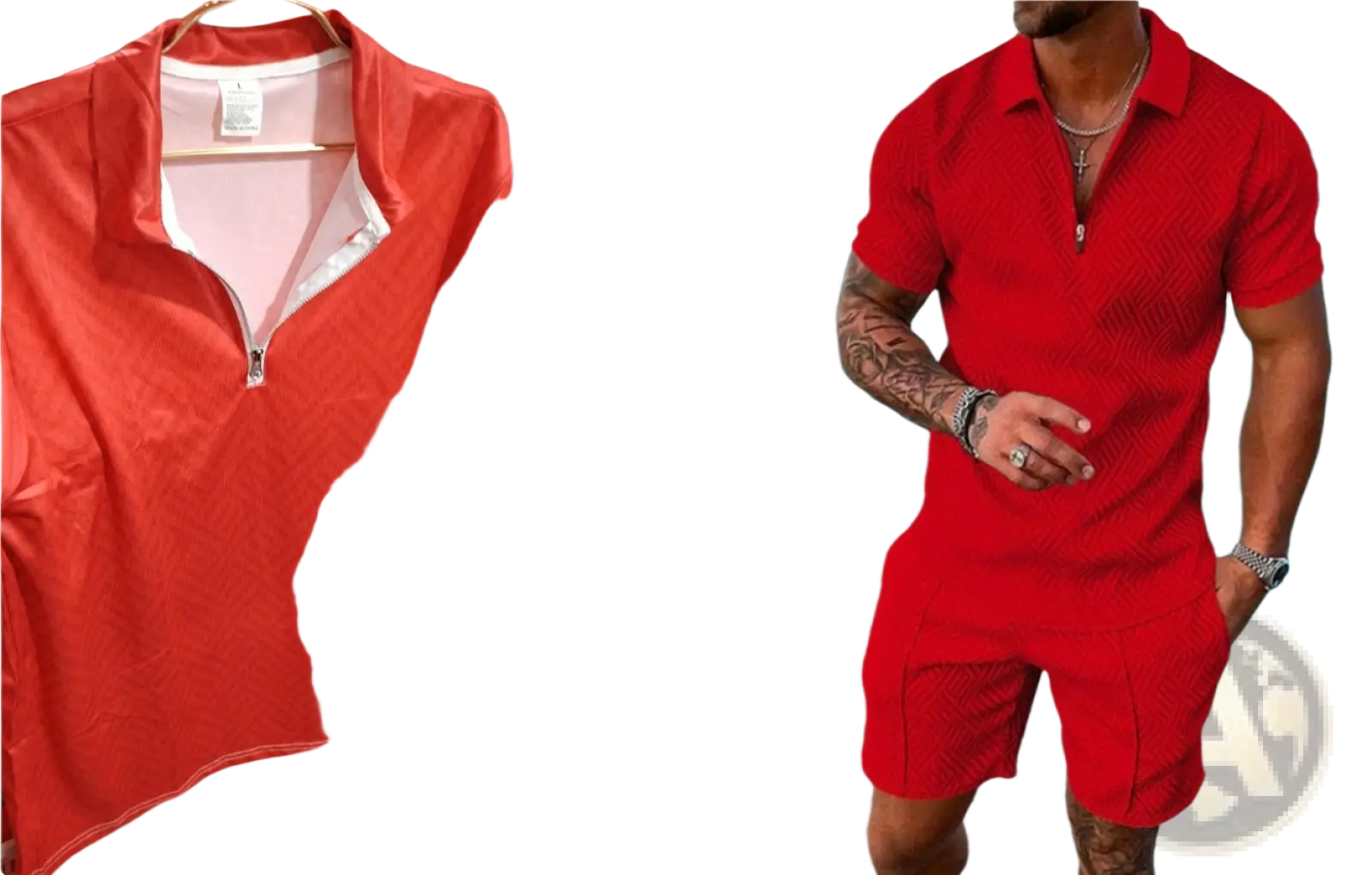 Men’s textured red polo shirt with short sleeves zipper placket and white inner lining for summer set