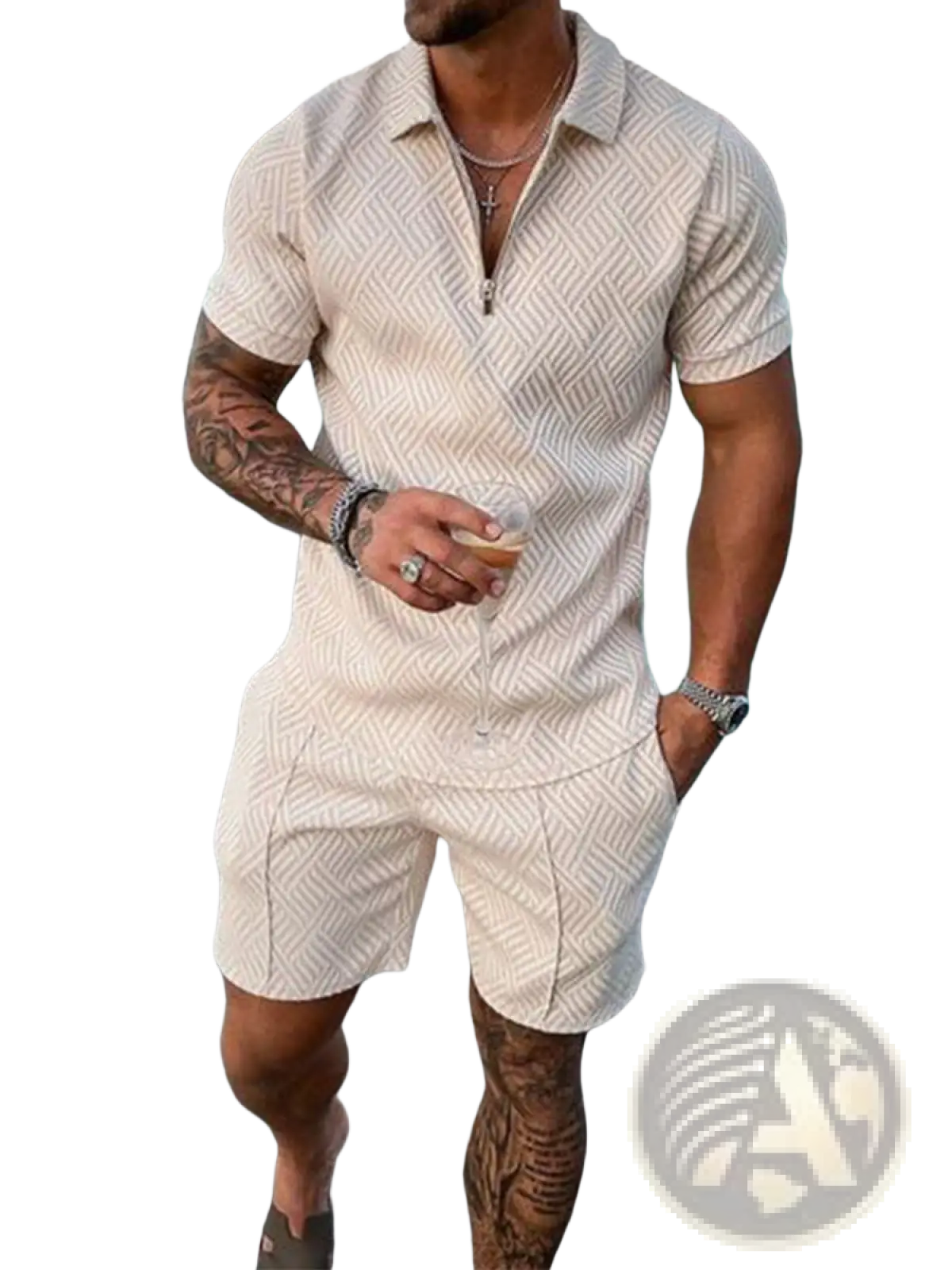Beige men’s textured polo shirt with short sleeves geometric pattern and zipper placket in summer set
