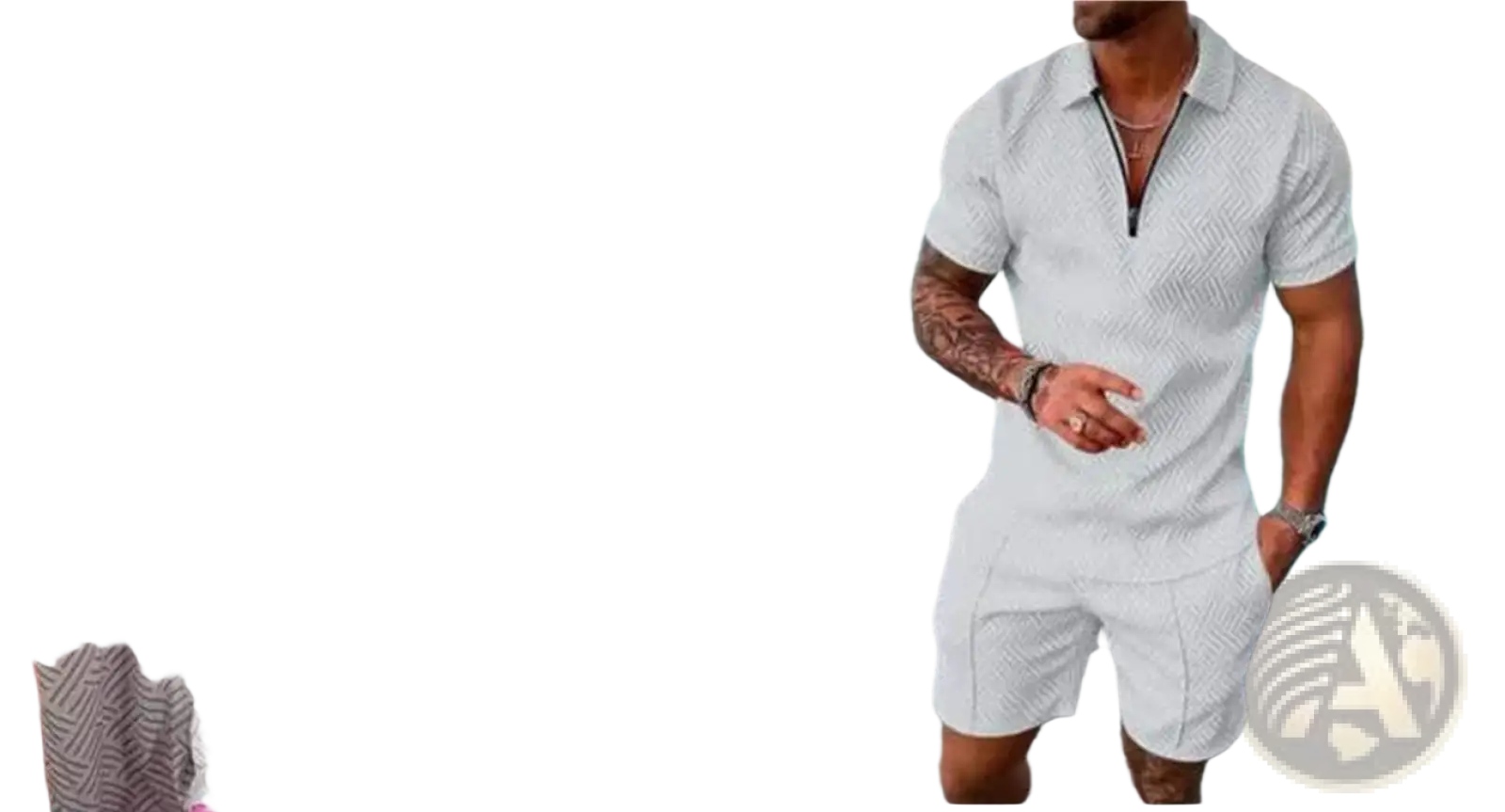 White textured short-sleeve polo shirt with subtle geometric pattern and zipper neckline in men’s summer set