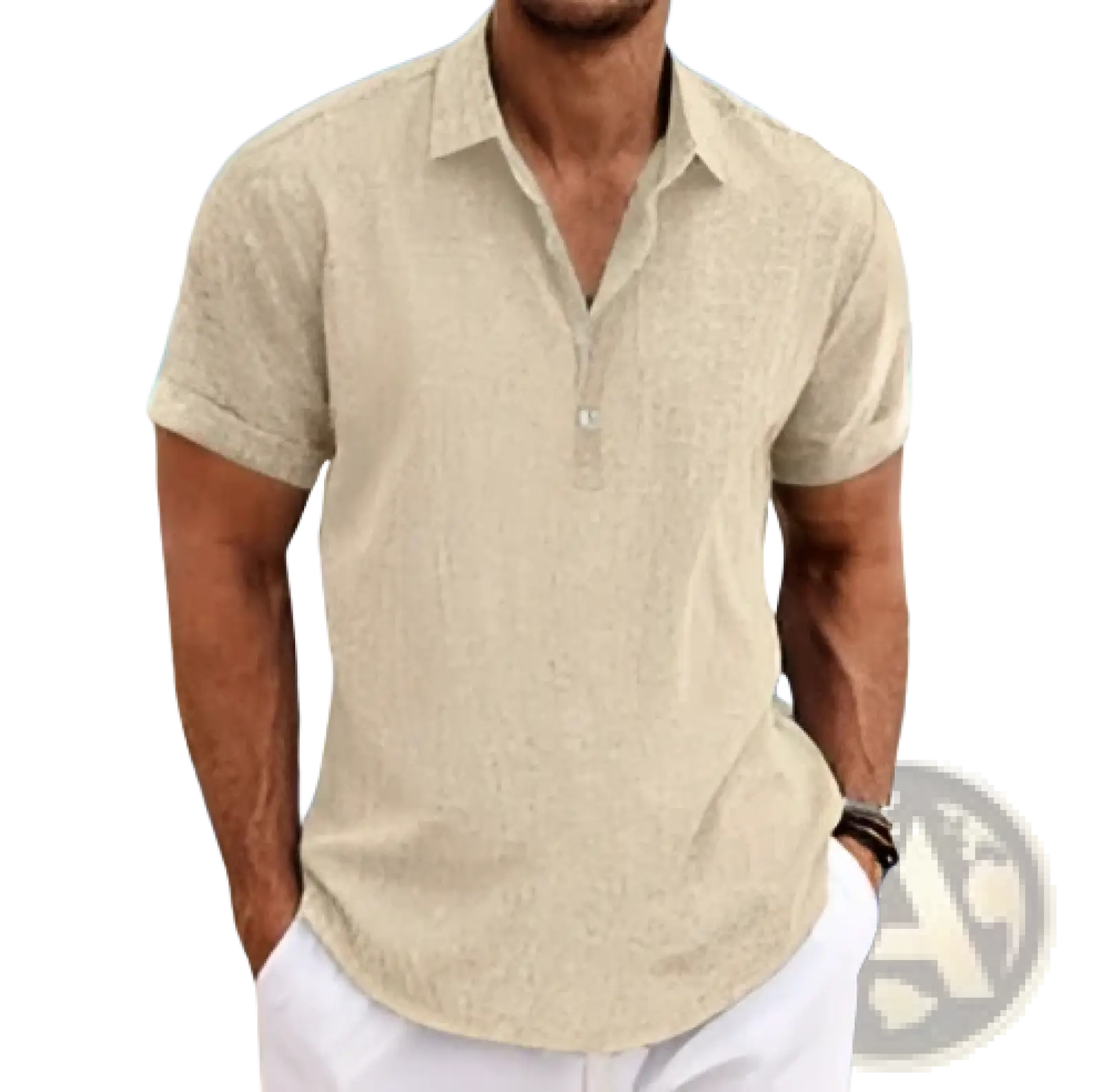 Beige textured short sleeve polo shirt with collar and button placket for men in breathable fabric and casual style