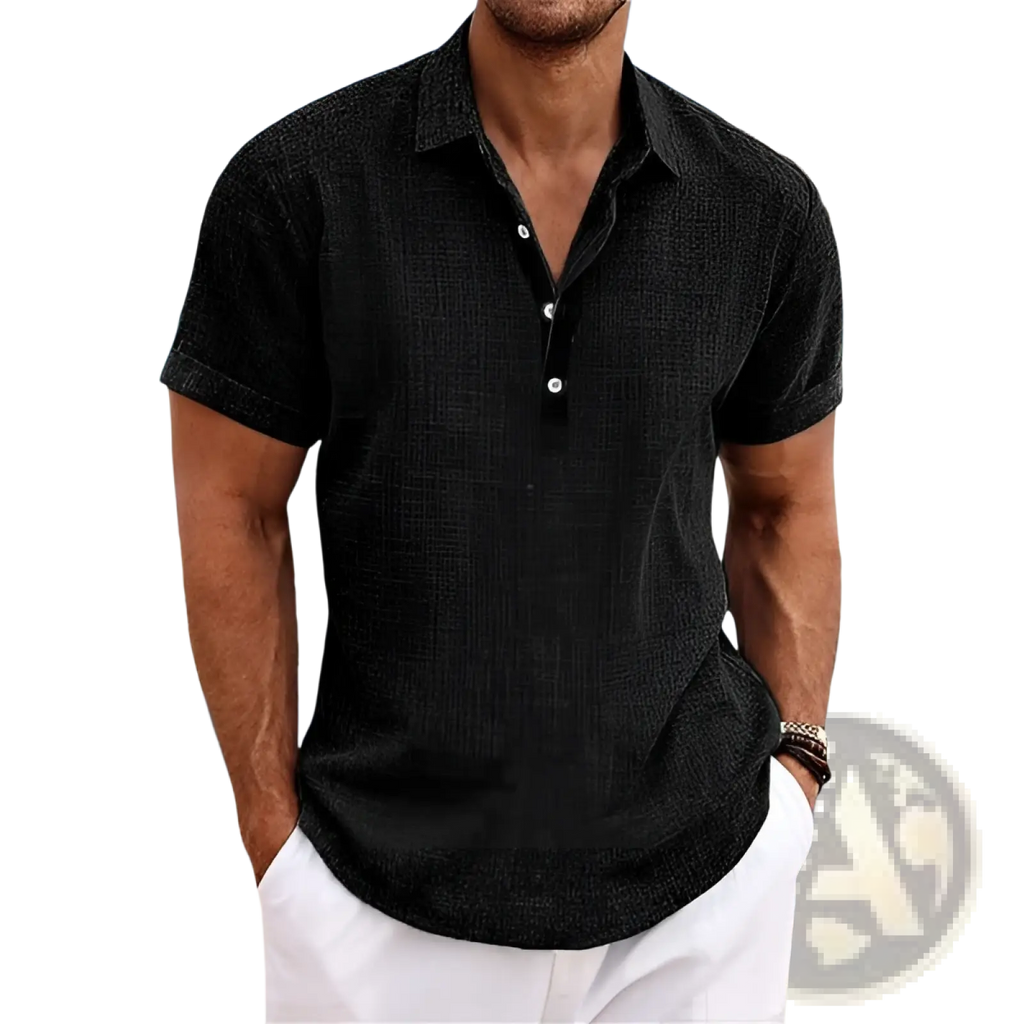Men’s black textured short-sleeve polo shirt with buttoned placket ideal for casual and smart casual wear