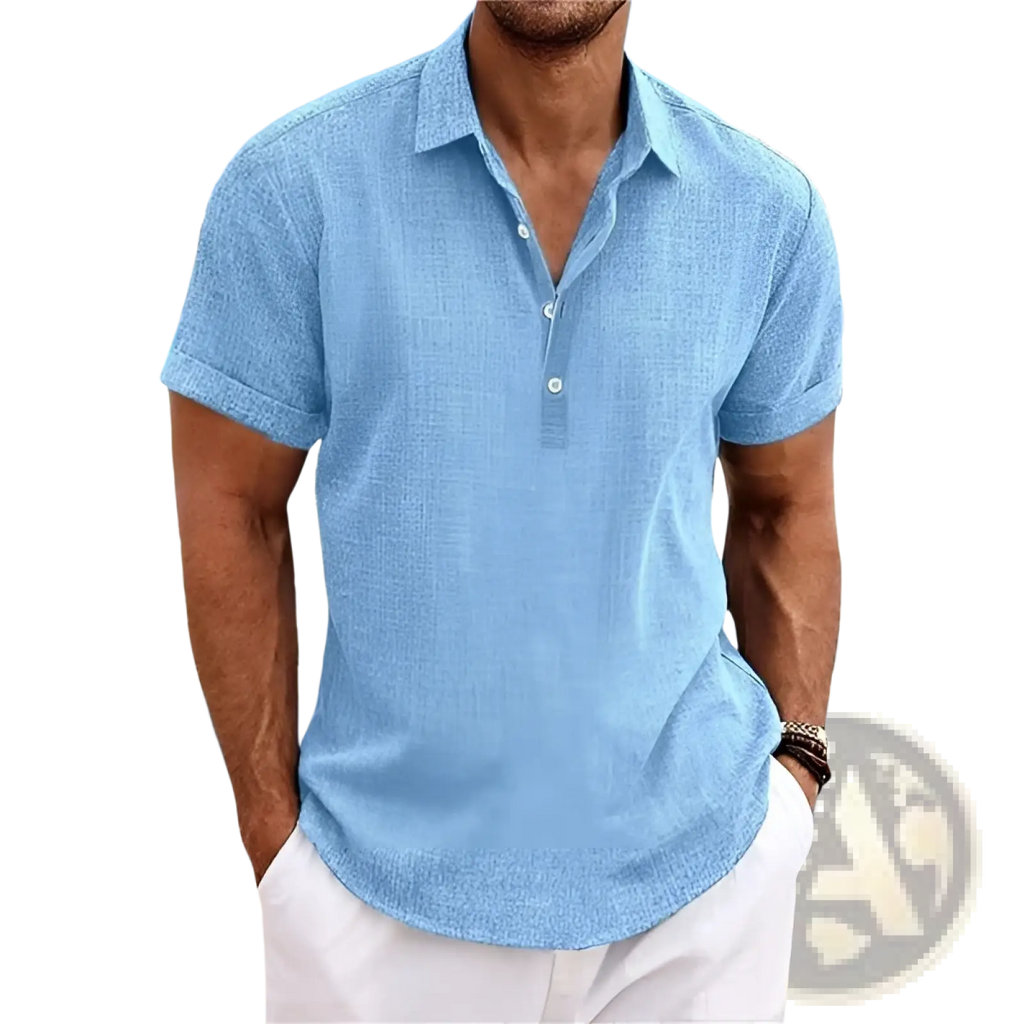 Men’s light blue textured short sleeve button up cardigan ideal for casual and semi-formal wear