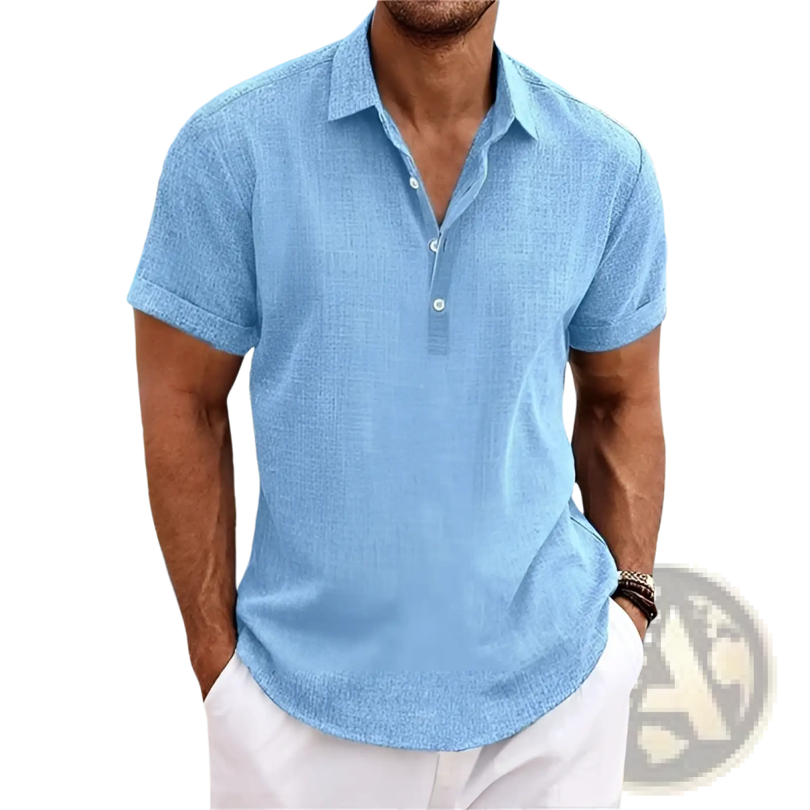 Men’s light blue textured short sleeve button up cardigan ideal for casual and semi-formal wear