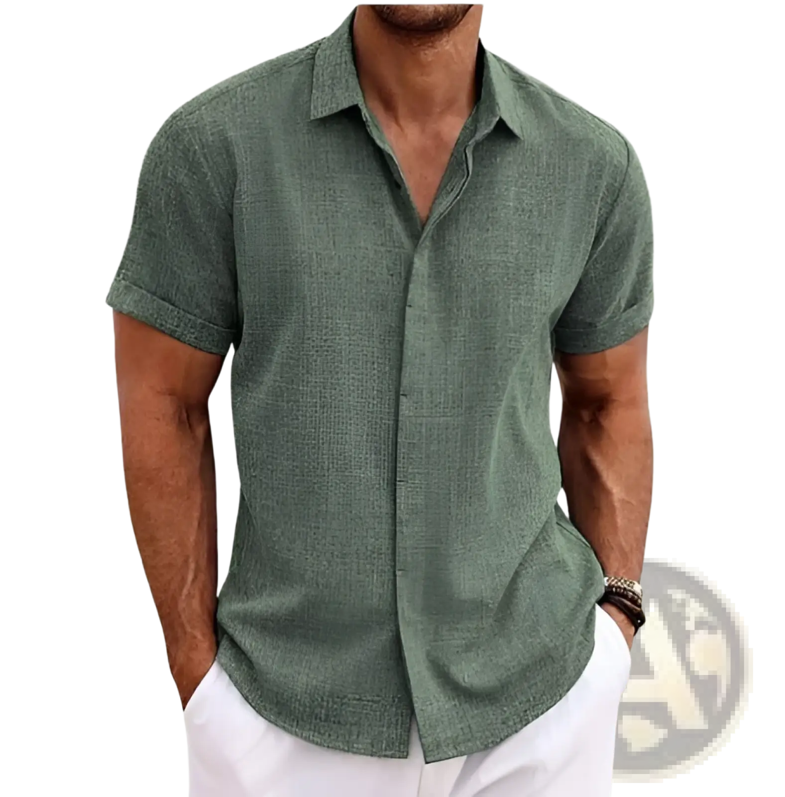 A man wearing a men’s textured short sleeve button up cardigan in olive green linen fabric