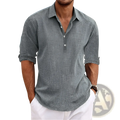 Men’s gray textured linen short sleeve button up cardigan shirt with rolled-up sleeves and button-down front