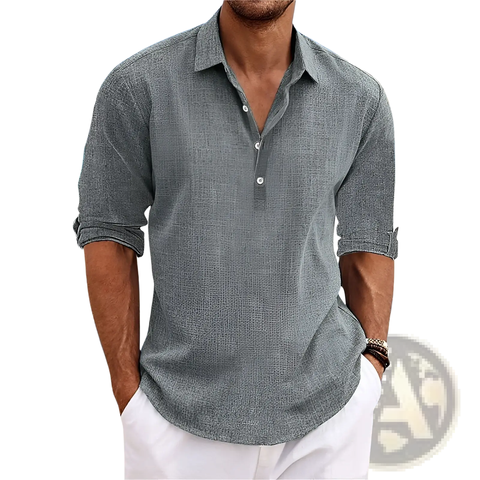 Men’s gray textured linen short sleeve button up cardigan shirt with rolled-up sleeves and button-down front