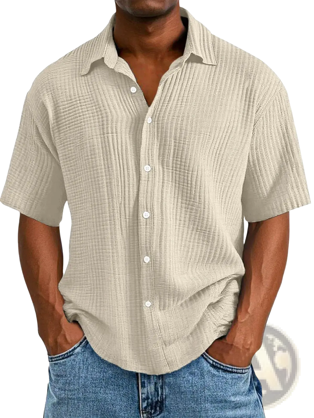 Men’s beige short sleeve button up shirt with textured ribbed fabric and white buttons