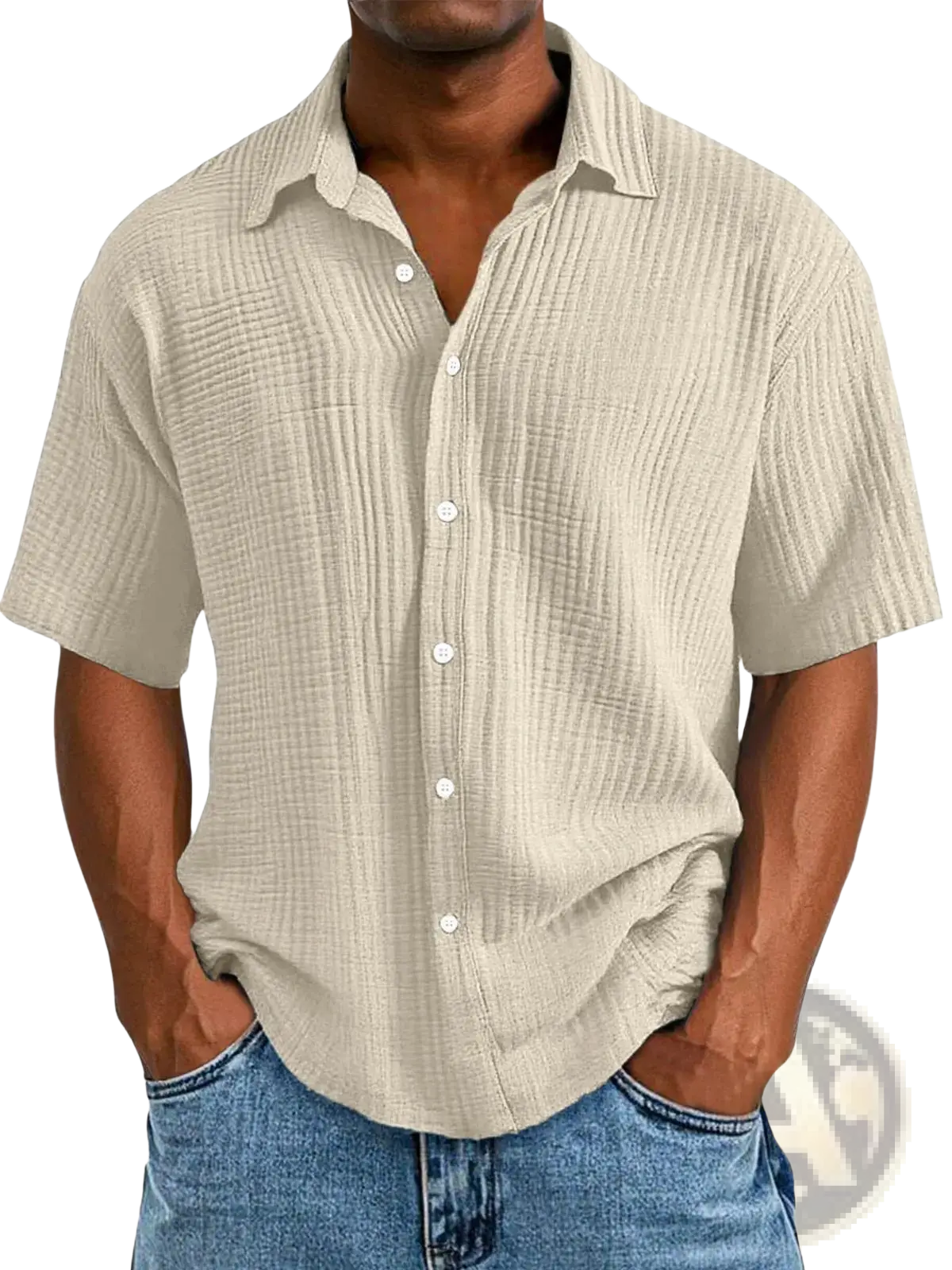 Men’s beige short sleeve button up shirt with textured ribbed fabric and white buttons