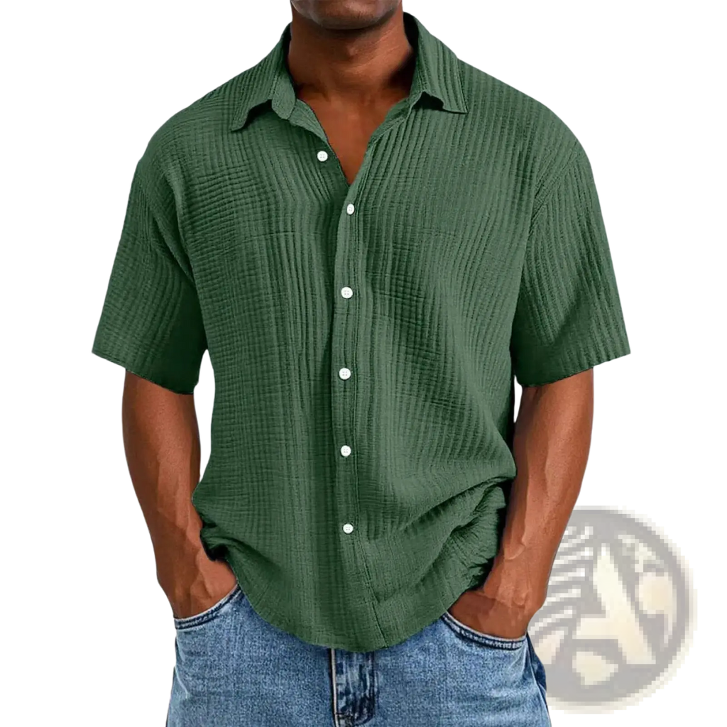 Men’s dark green textured short sleeve button up shirt with ribbed fabric and white buttons