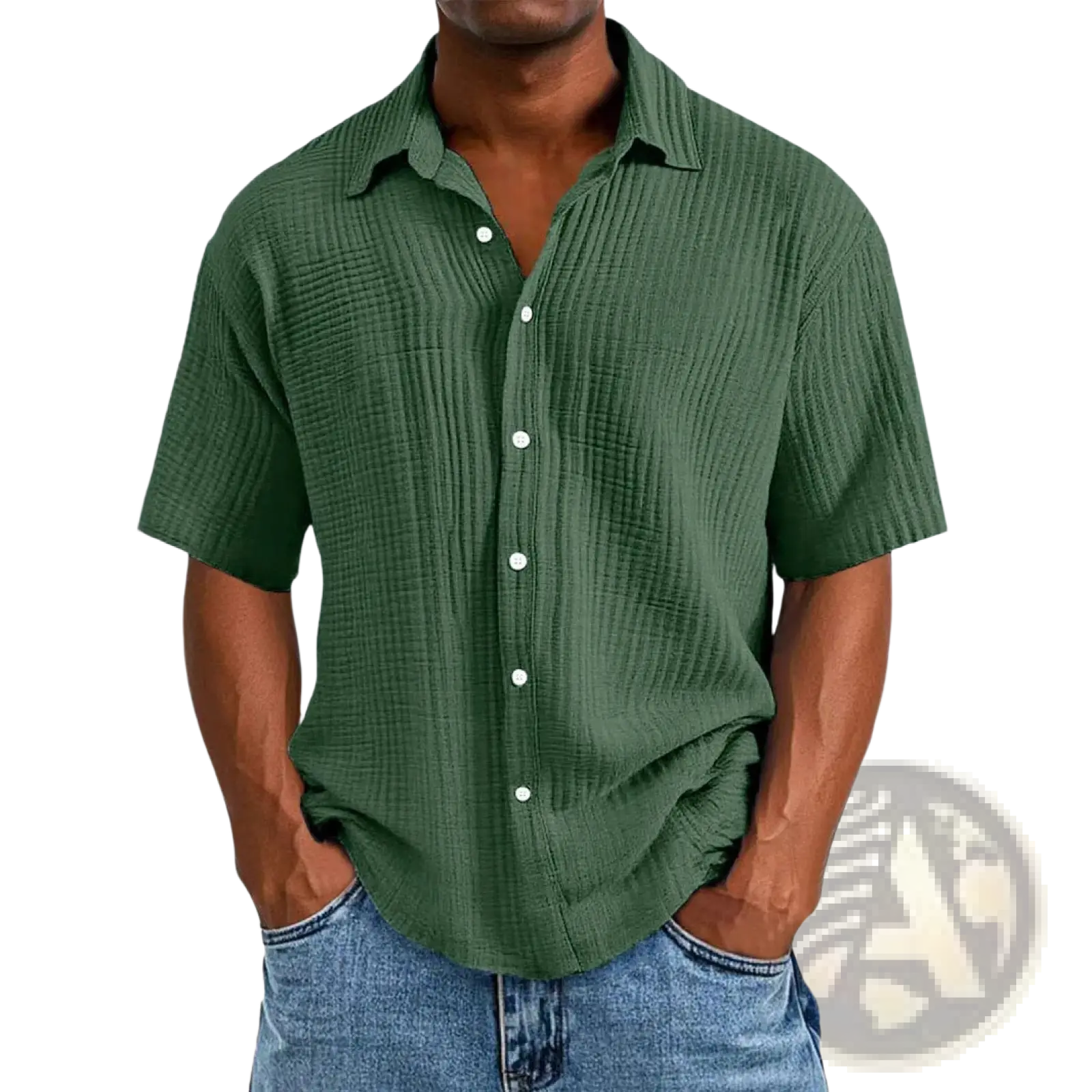 Men’s dark green textured short sleeve button up shirt with ribbed fabric and white buttons