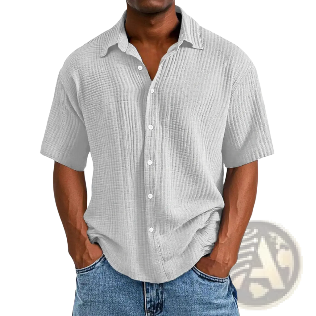 Men’s light gray short sleeve button up shirt with subtle ribbed texture ideal for casual and semi formal wear