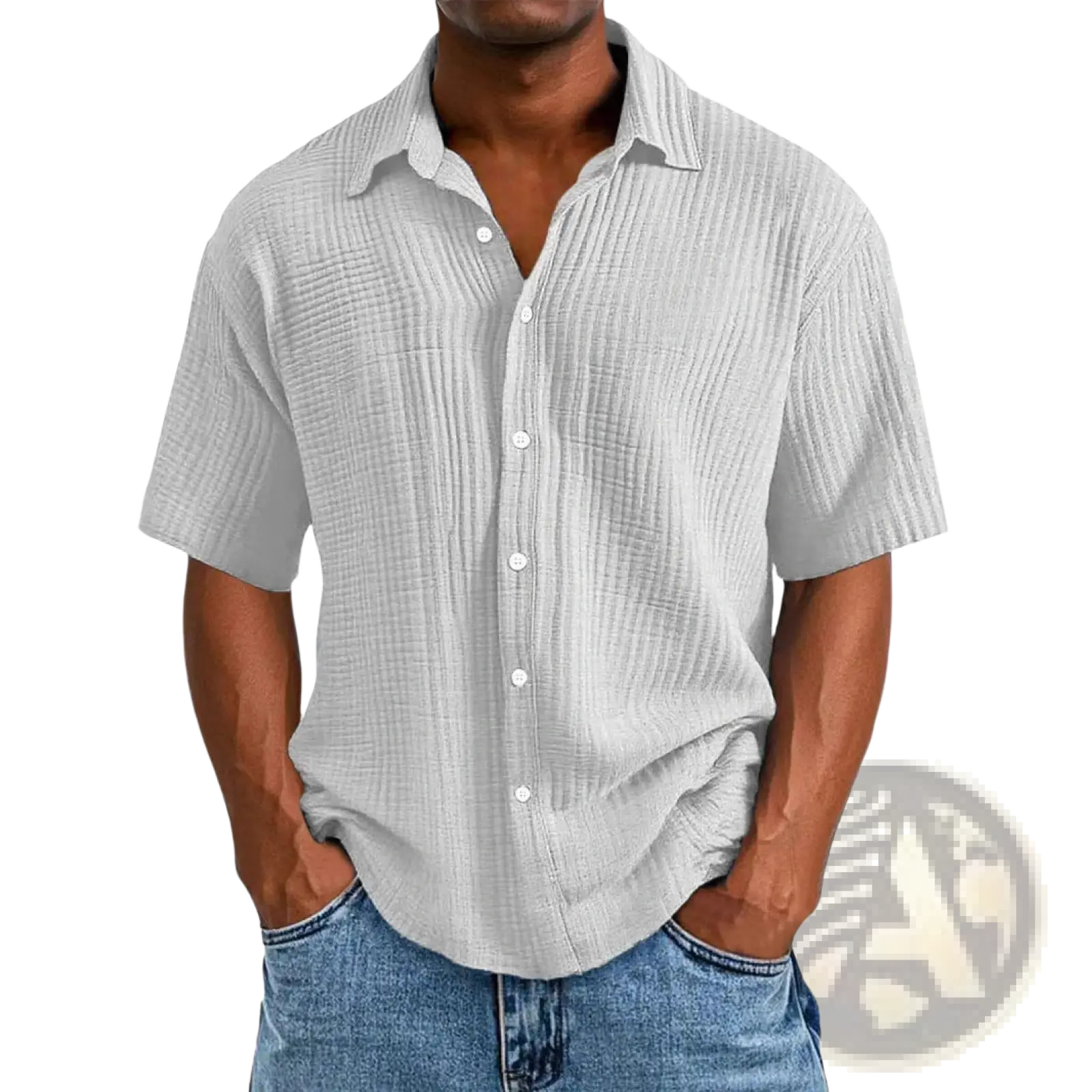 Men’s light gray short sleeve button up shirt with subtle ribbed texture ideal for casual and semi formal wear