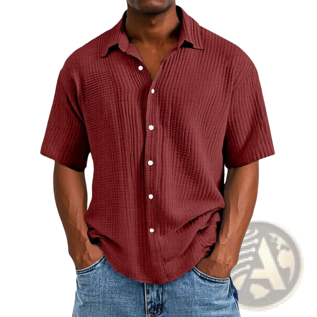 Men’s maroon short sleeve button up shirt with textured ribbed fabric and white buttons for casual wear