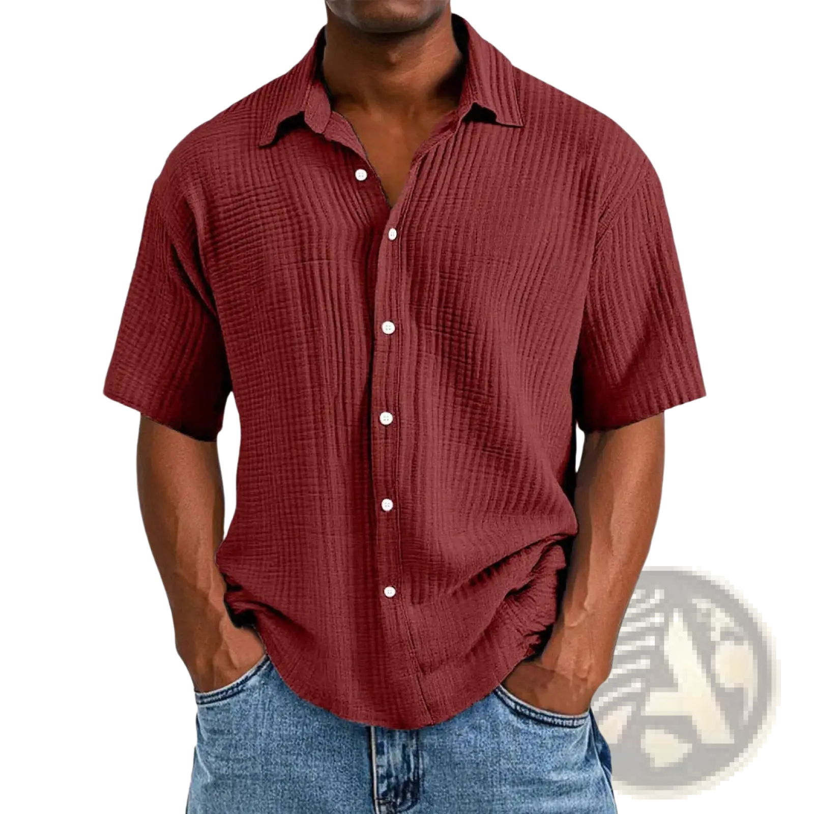 Men’s maroon short sleeve button up shirt with textured ribbed fabric and white buttons for casual wear